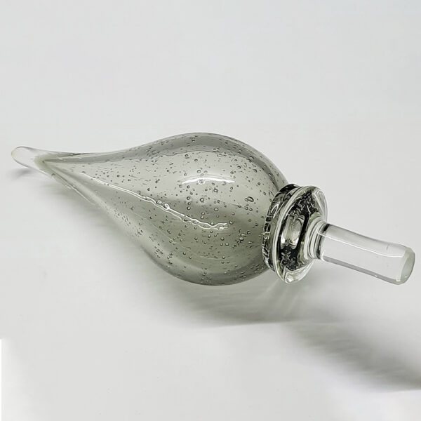 large clear smokey grey genie bottle with tear drop stopper