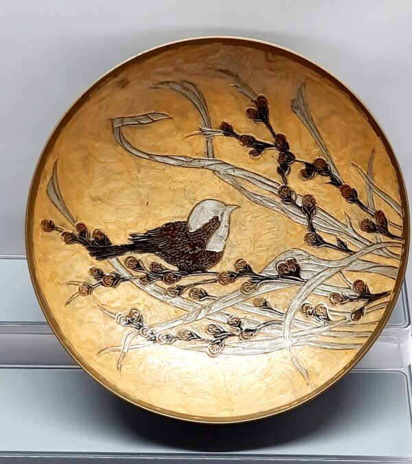 vintage brass enamelled bird design bowl