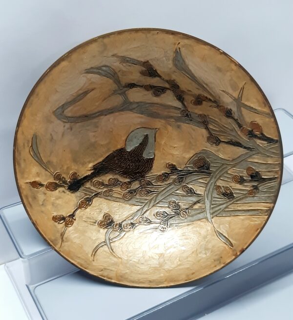 large vintage enameled bird design pedestal bowl