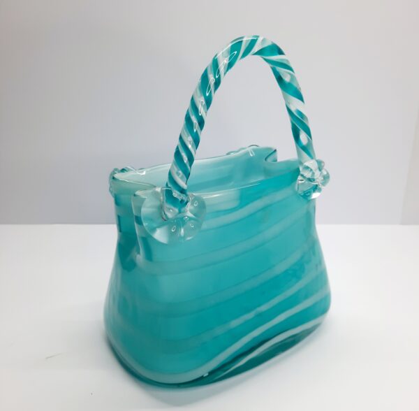 artglass handbag vase with candy cane handles