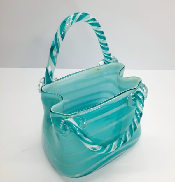 artglass handbag vase with candy cane handles