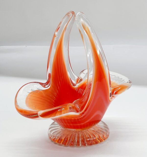 1960s mcm red orange and white glass basket