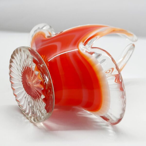 1960s mcm red orange and white glass basket