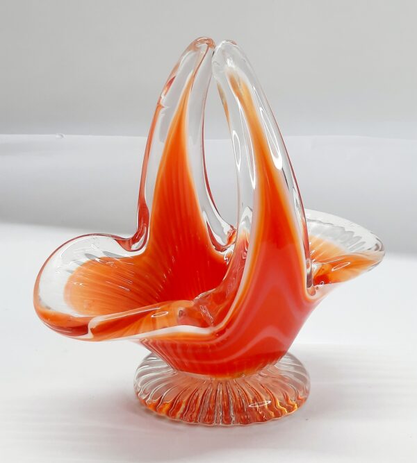 1960s mcm red orange and white glass basket