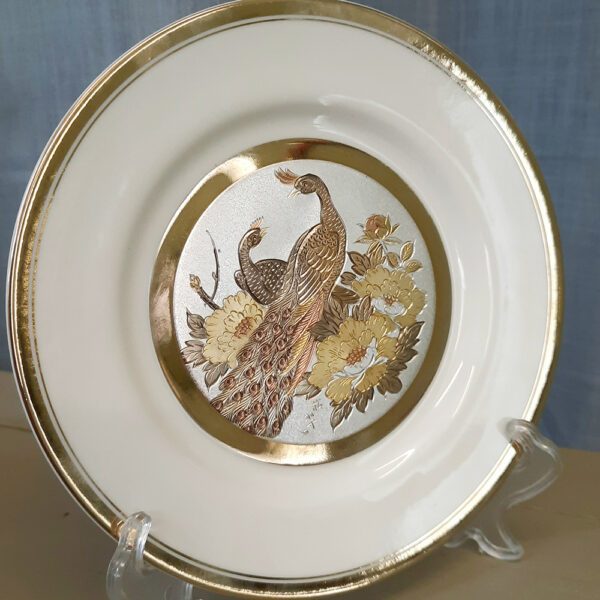 art of chokin cream and 24kt gold 2 peacocks plate