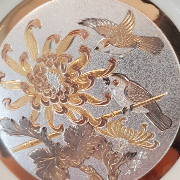 art of chokin cream and 24kt gold 2 birds plate