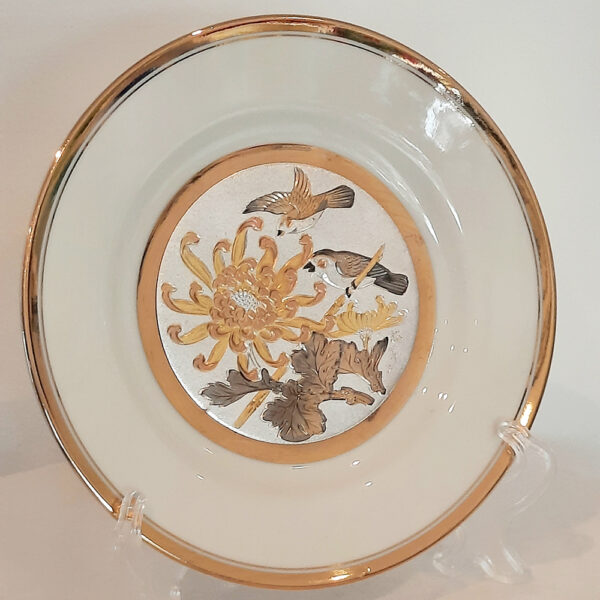 art of chokin cream and 24kt gold 2 birds plate