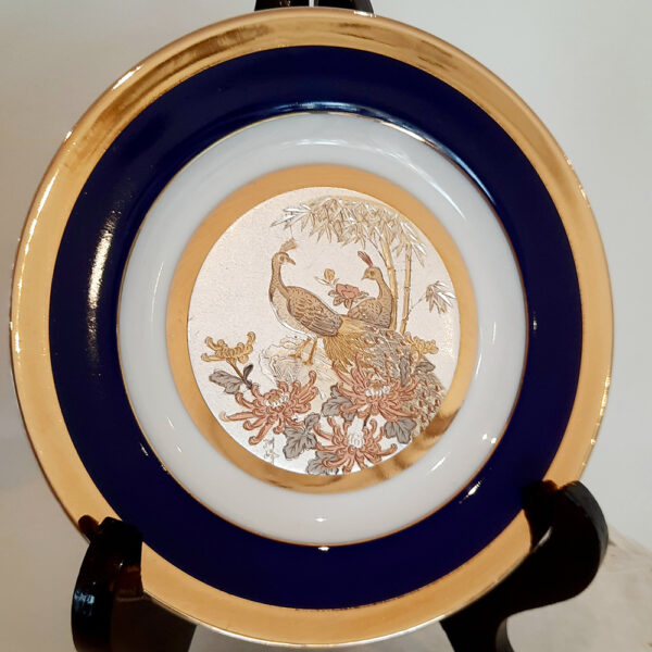 art of chokin navy and gold plate with 2 peacocks