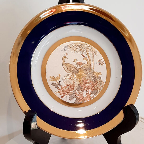 art of chokin navy and gold plate with 2 peacocks