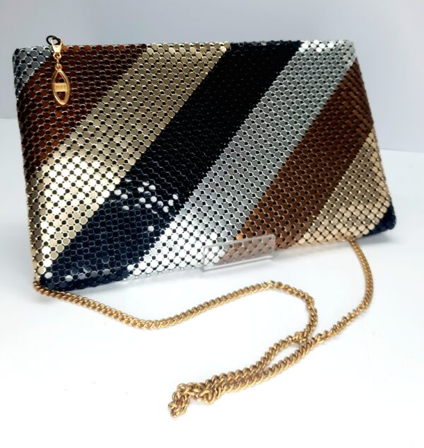 multi metallic colour stripe mesh clutch bag