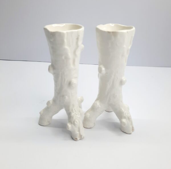 pair faux bois porcelain tree trunk bud vases