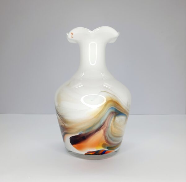 pair of white vases with multi coloured swirl pattern