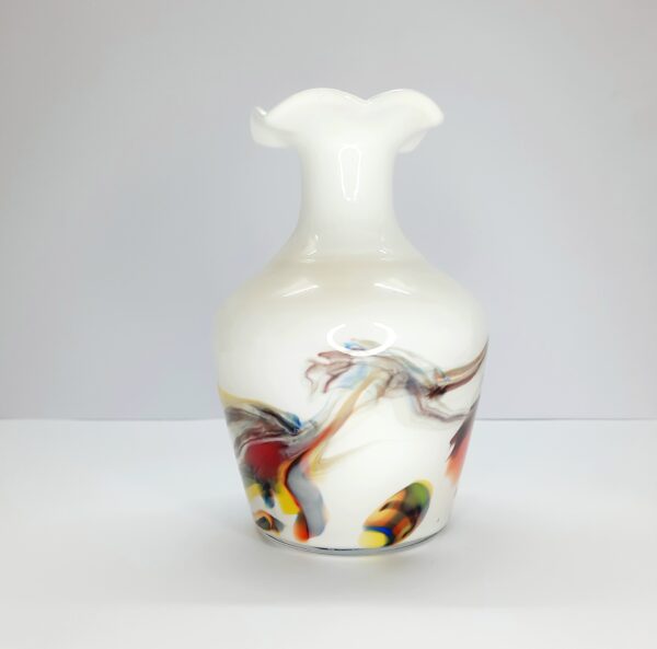 pair of white vases with multi coloured swirl pattern