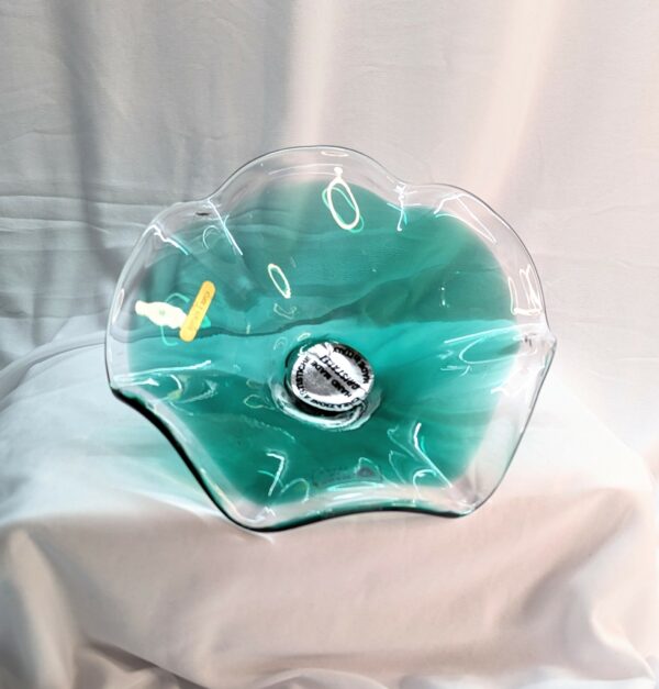 soffiato teal and clear glass dish