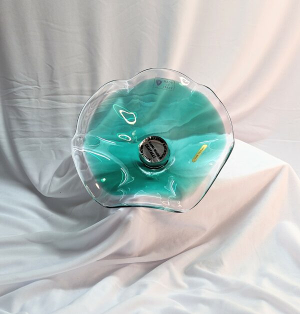 soffiato teal and clear glass dish