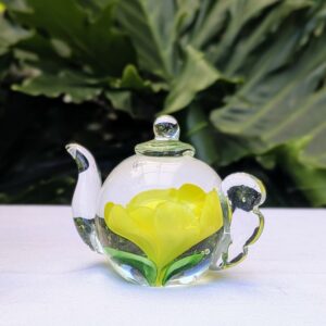 glass paperweight teapot yellow rose