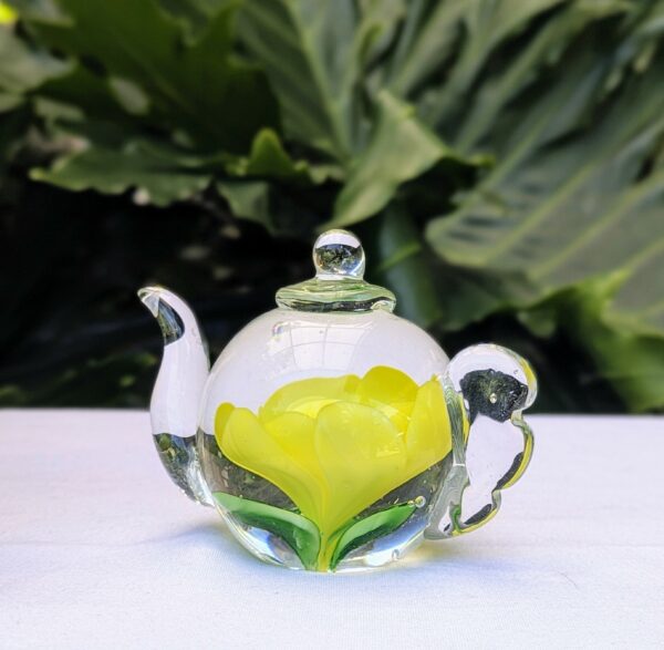 glass paperweight teapot yellow rose