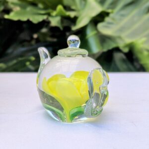 glass paperweight teapot yellow rose